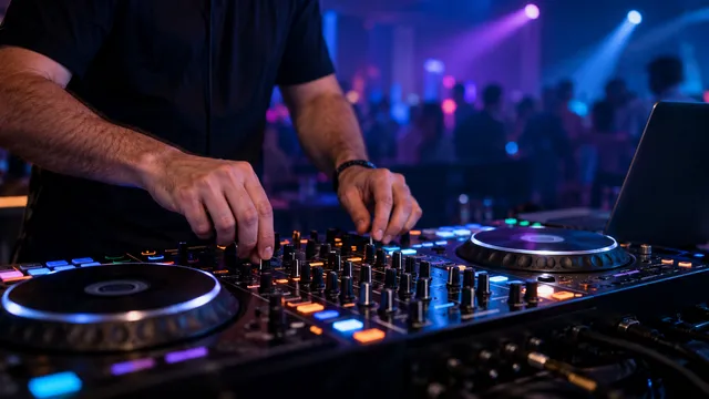 Un DJ mixează la un controller cu două platane rotunde, cu căști pe un umăr, într-o sală de evenimente luminată