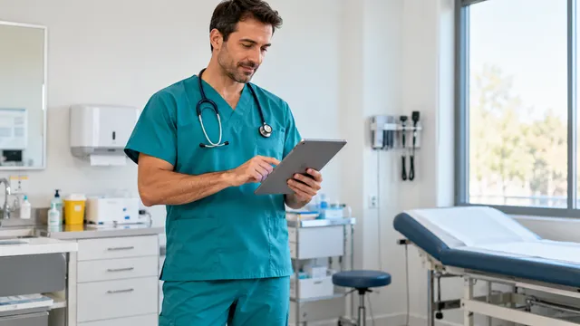 Un medic în costum medical verde-albastru, cu stetoscop la gât, consultă o tabletă într-un cabinet luminos