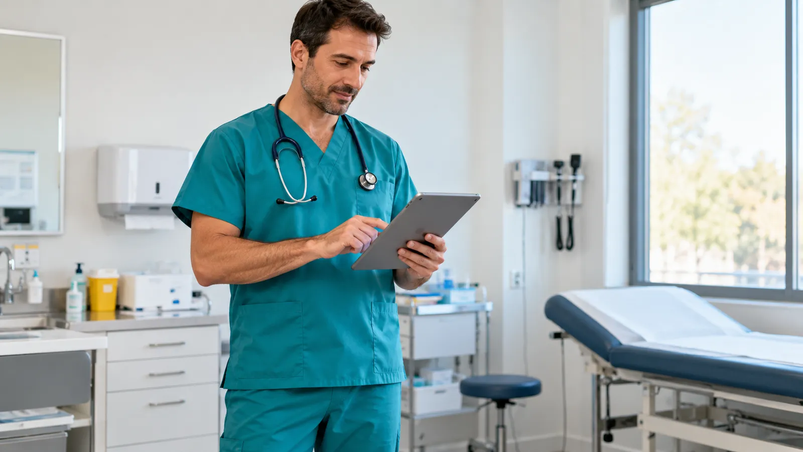 Un medic în costum medical verde-albastru, cu stetoscop la gât, consultă o tabletă într-un cabinet luminos