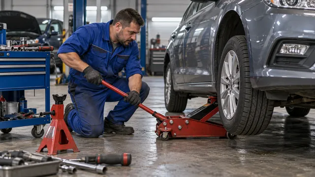 Mecanic auto care ridică un autoturism cu un cric hidraulic crocodil sub punctul de ridicare, într-un service