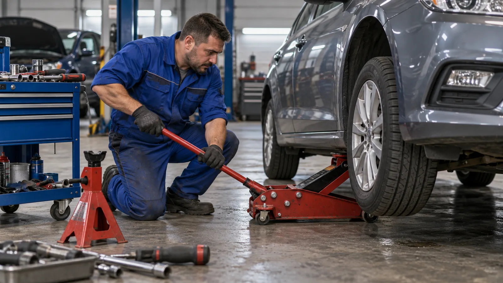Mecanic auto care ridică un autoturism cu un cric hidraulic crocodil sub punctul de ridicare, într-un service