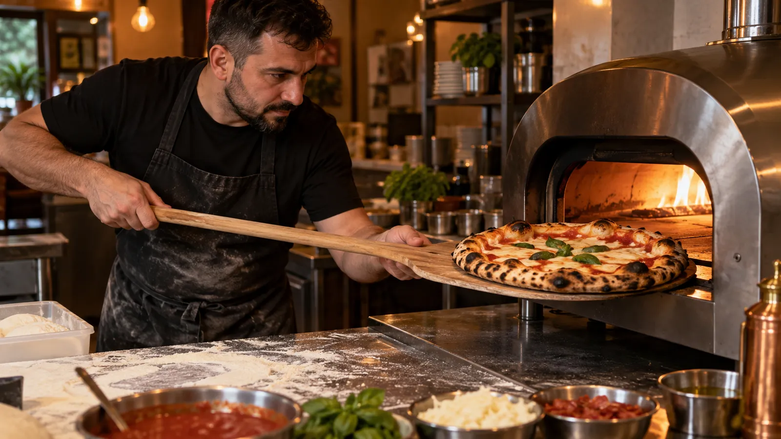 Pizzar care scoate cu lopata de lemn o pizza cu margini umflate dintr-un cuptor compact pe gaz, într-o pizzerie mică