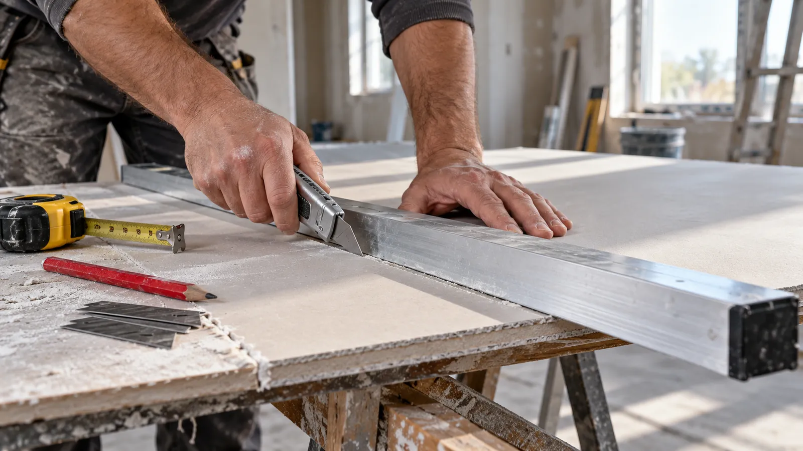 Mâinile unui meseriaș care taie o placă de gips-carton cu un cutter cu corp metalic, de-a lungul unei rigle de aluminiu