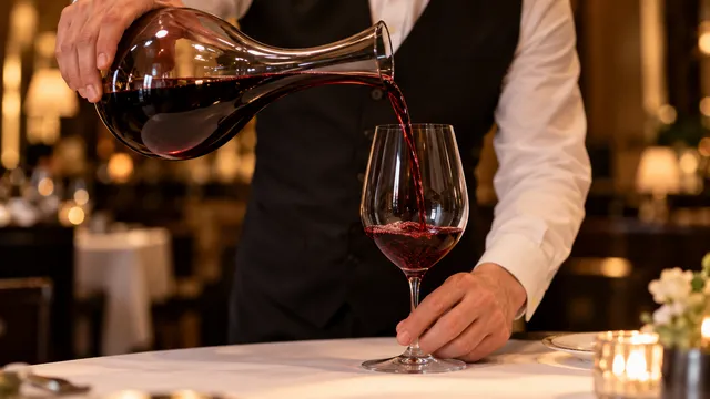 Un somelier toarnă vin roșu dintr-un decantor de sticlă într-un pahar, pe o masă de restaurant