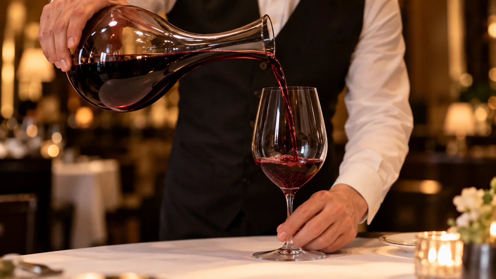 Un somelier toarnă vin roșu dintr-un decantor de sticlă într-un pahar, pe o masă de restaurant
