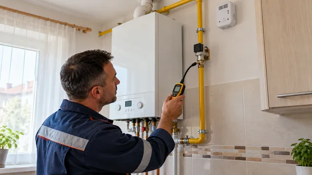 Instalator de gaze care verifică un racord lângă o centrală termică cu un detector portabil, cu un detector fix montat pe perete aproape de tavan
