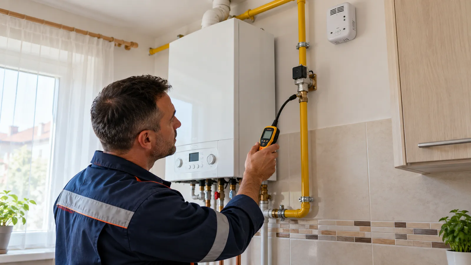 Instalator de gaze care verifică un racord lângă o centrală termică cu un detector portabil, cu un detector fix montat pe perete aproape de tavan