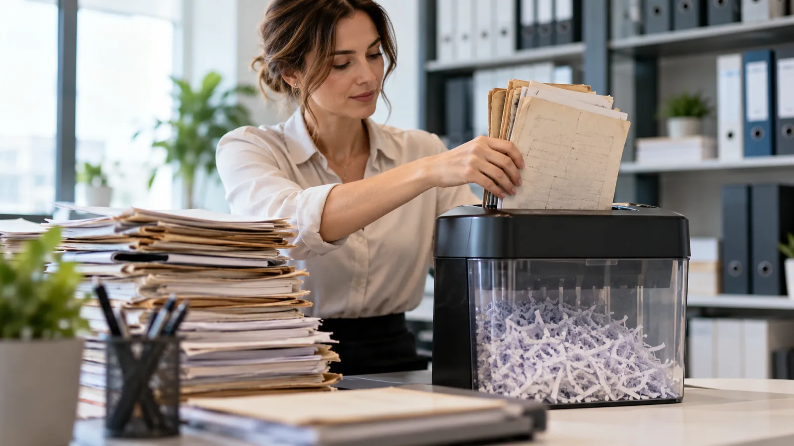 Asistentă de birou care introduce un teanc de documente vechi într-un distrugător de documente cu coș transparent plin cu hârtie mărunțită