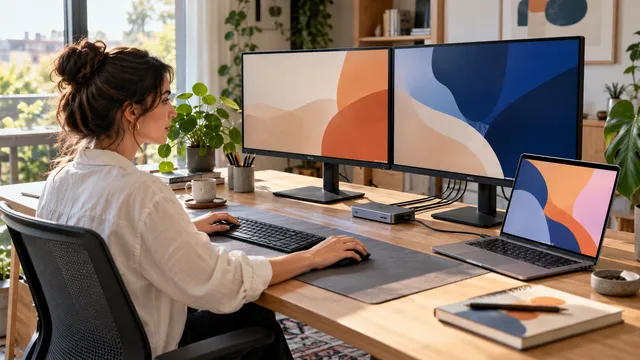 Laptop conectat cu un singur cablu USB-C la un docking station din aluminiu, cu două monitoare, tastatură și mouse pe un birou de acasă