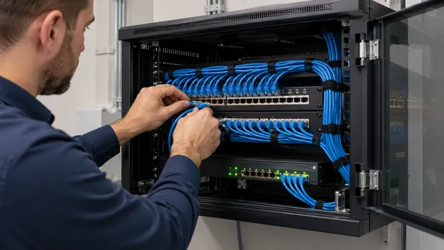 Administrator de rețea care conectează cabluri albastre într-un patch panel dintr-un dulap rack de perete deschis, cu un switch aprins