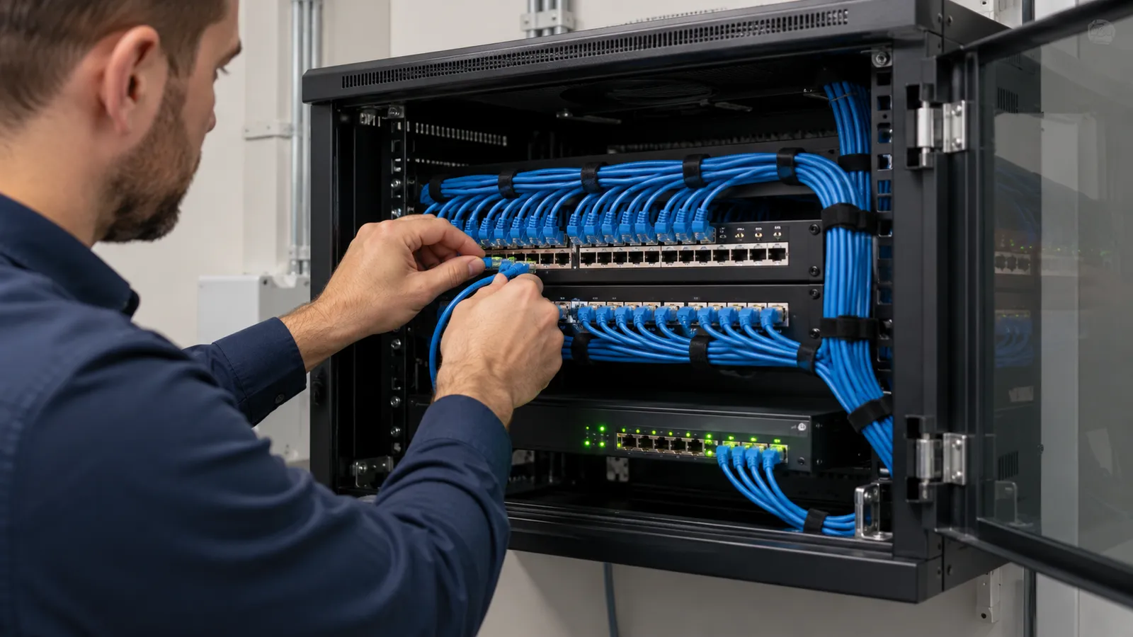 Administrator de rețea care conectează cabluri albastre într-un patch panel dintr-un dulap rack de perete deschis, cu un switch aprins