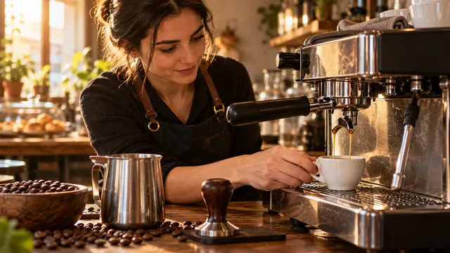Baristă care scoate un espresso dintr-un espressor manual cu braț, cu cafeaua curgând în două fire într-o ceșcuță albă și un tamper pe tejghea