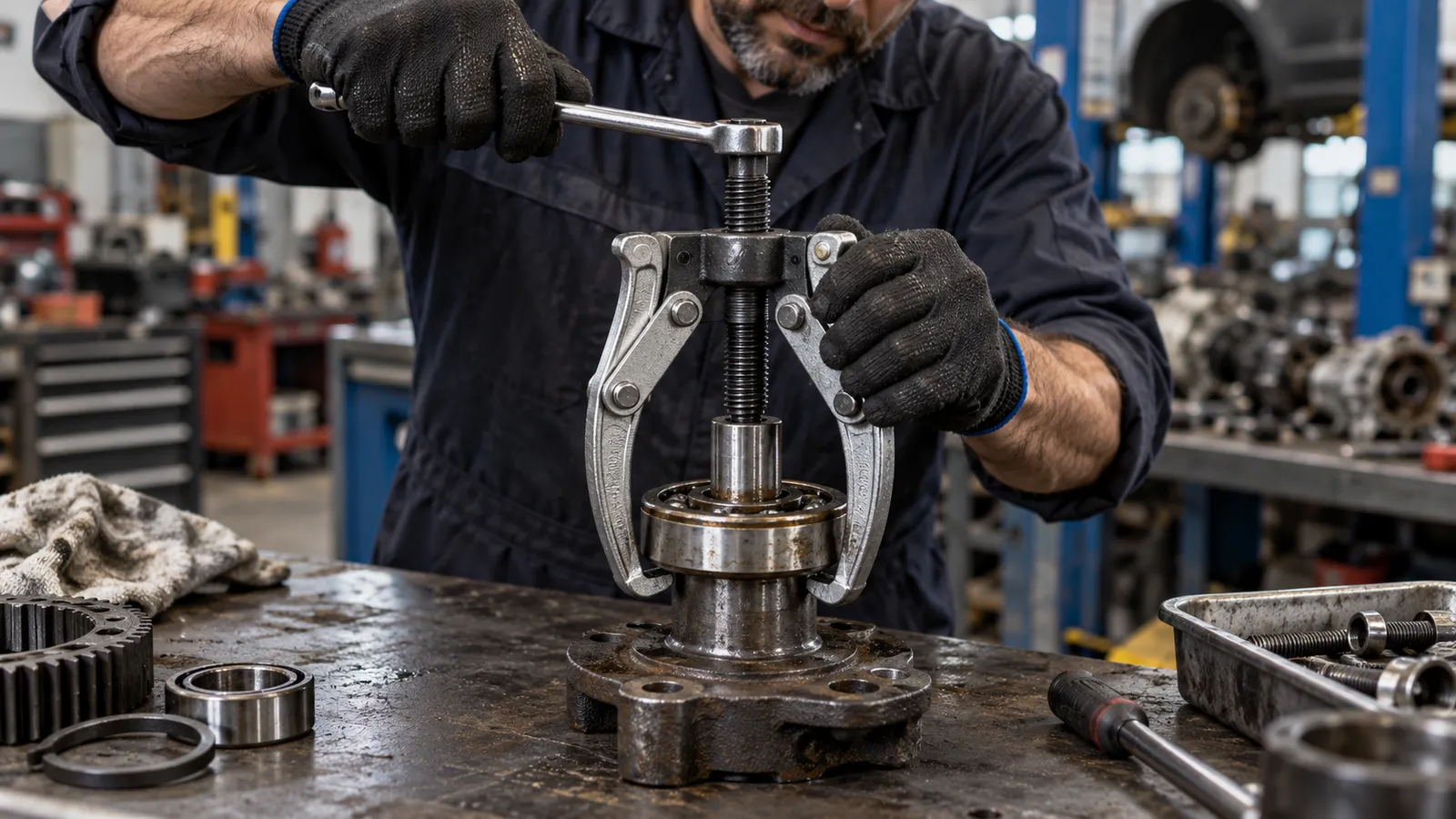 Mecanic care scoate un rulment de pe un ax cu un extractor cu trei brațe, pe un banc de lucru dintr-un service auto