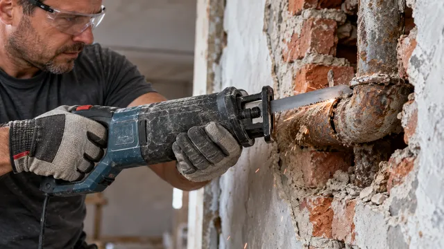 Un instalator taie o țeavă veche cu un fierăstrău sabie, ținându-l cu ambele mâini, cu ochelari de protecție