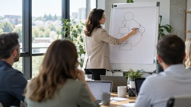 Formatoare care scrie cu markerul pe un flipchart magnetic într-o sală de training cu participanți la masă