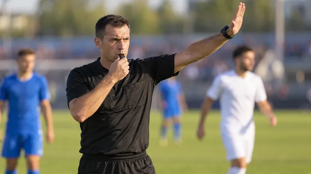 Arbitru de fotbal în echipament negru care fluieră cu brațul ridicat pe un teren de fotbal, cu jucători estompați în fundal
