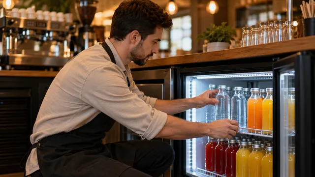 Proprietarul unei cafenele care așază sticle de apă și suc într-un frigider de băuturi cu ușă de sticlă și iluminare LED sub tejghea