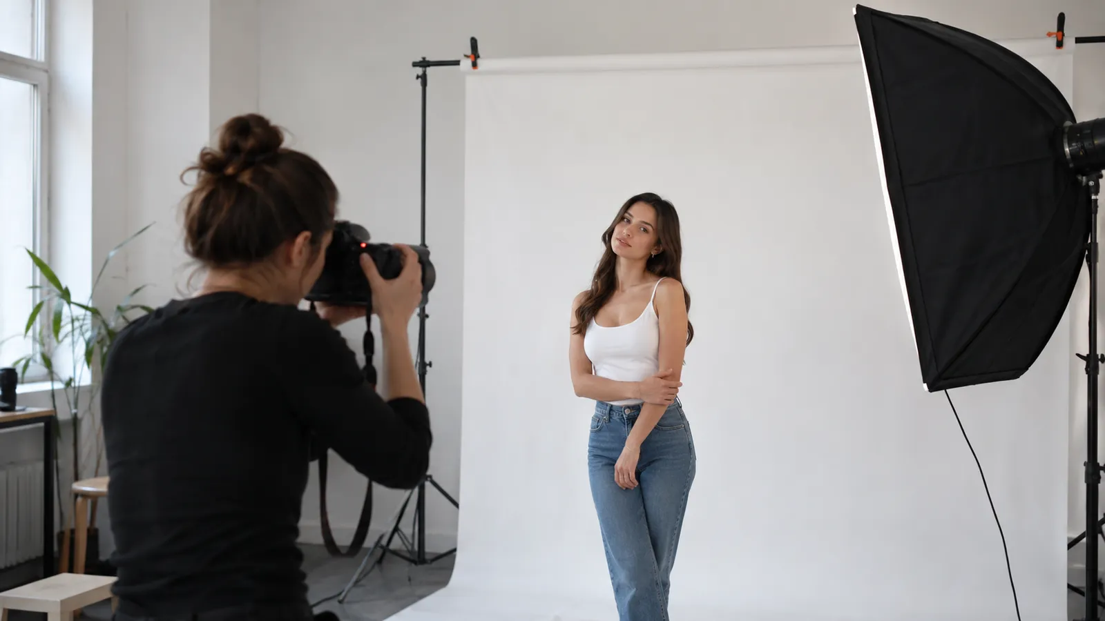 Fotografă care fotografiază o femeie în fața unui fundal alb întins pe un stativ, într-un studio cu softbox
