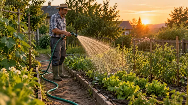 Un grădinar trage un furtun de grădină verde printre straturile de legume dintr-o curte