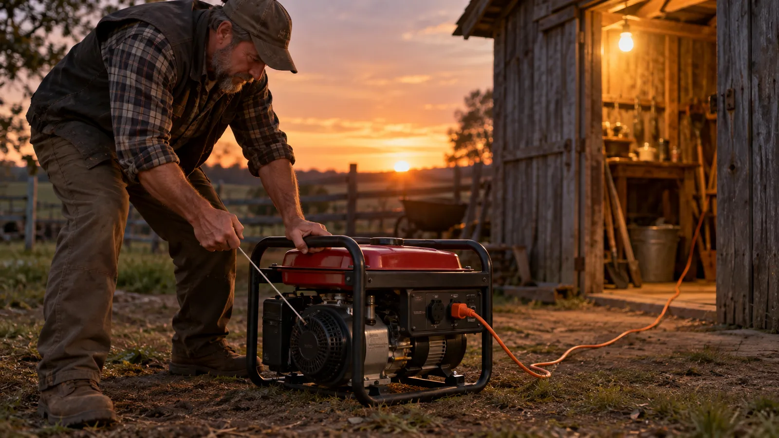 Fermier care pornește un generator de curent portabil pe benzină lângă un șopron de lemn, la apus, cu un prelungitor întins spre șopron