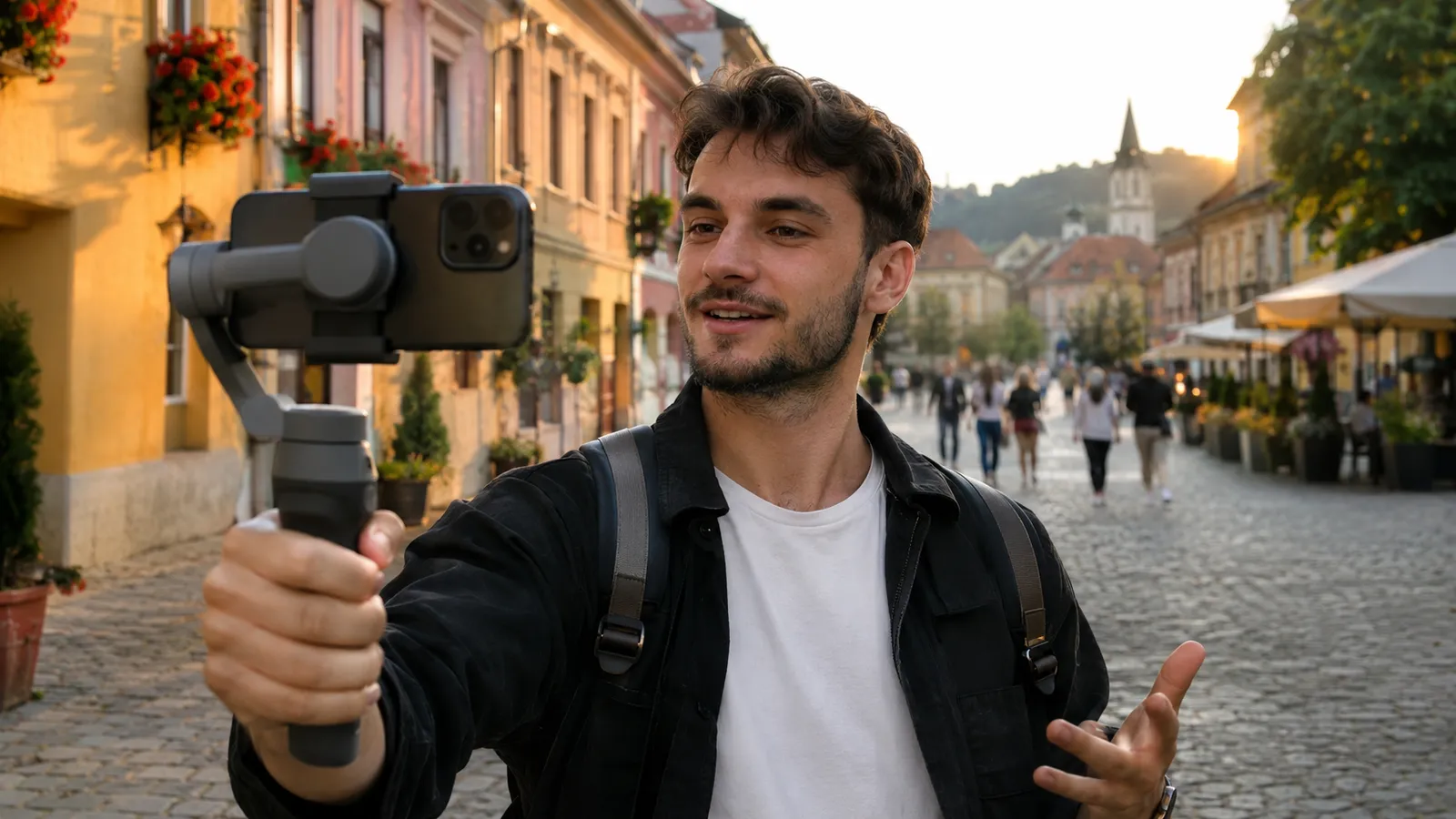 Tânăr creator de conținut care filmează din mers cu telefonul prins într-un gimbal pe trei axe, pe o stradă pietonală dintr-un centru vechi