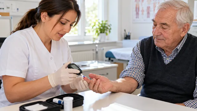 Asistentă medicală care măsoară glicemia unui pacient vârstnic cu un glucometru de mână, într-un cabinet de medicină de familie