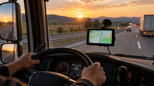 Navigație GPS prinsă pe parbrizul unei cabine de camion, cu o autostradă europeană și un apus în fața camionului