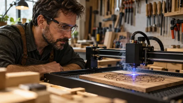 Tâmplar cu ochelari de protecție care urmărește un gravor laser de birou gravând un model geometric într-o plăcuță de lemn