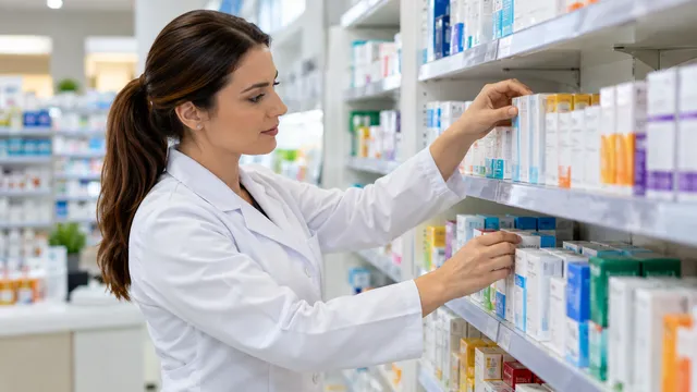 O farmacistă în halat medical alb aranjează cutii de medicamente pe polițele unei farmacii