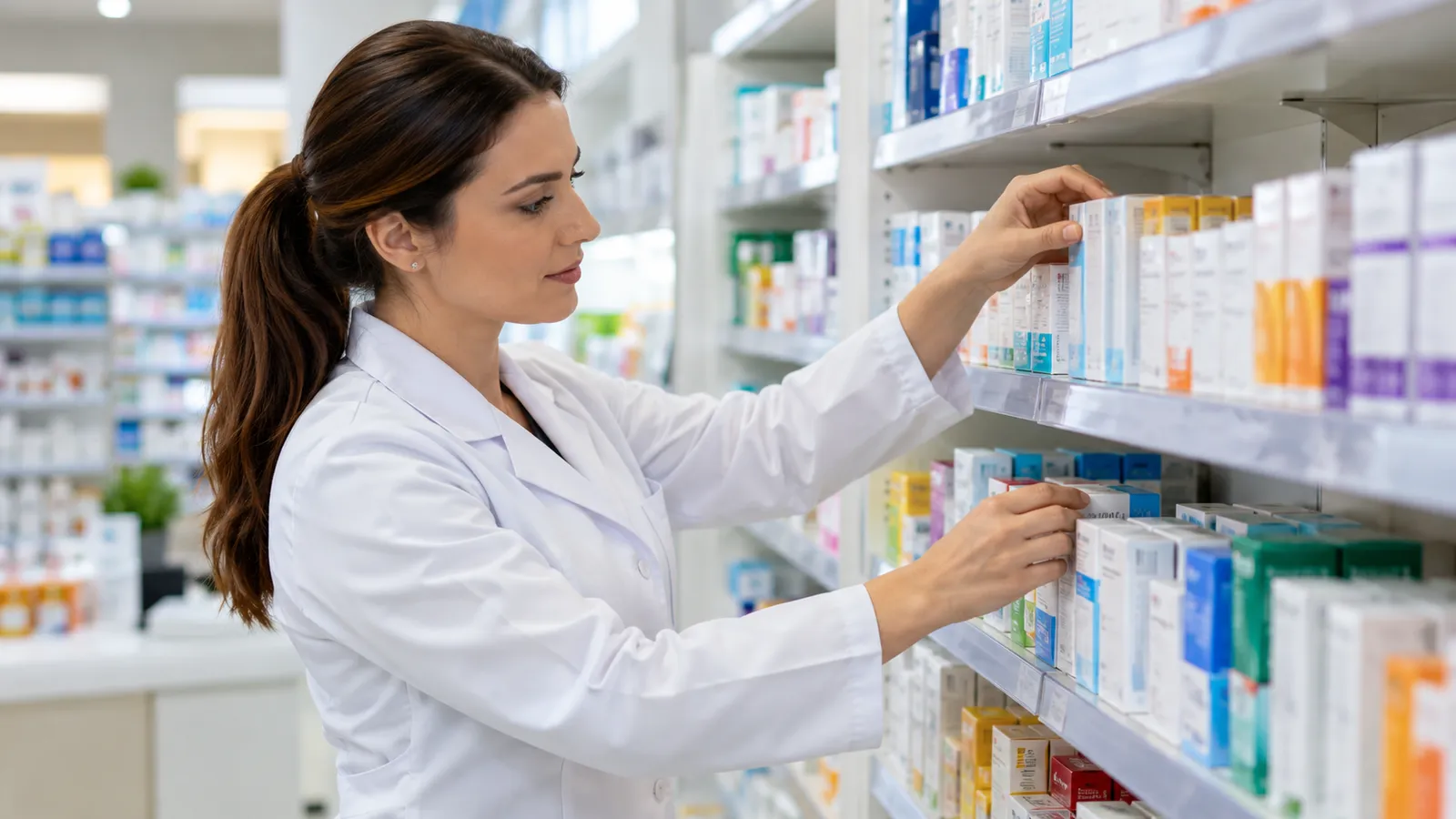 O farmacistă în halat medical alb aranjează cutii de medicamente pe polițele unei farmacii