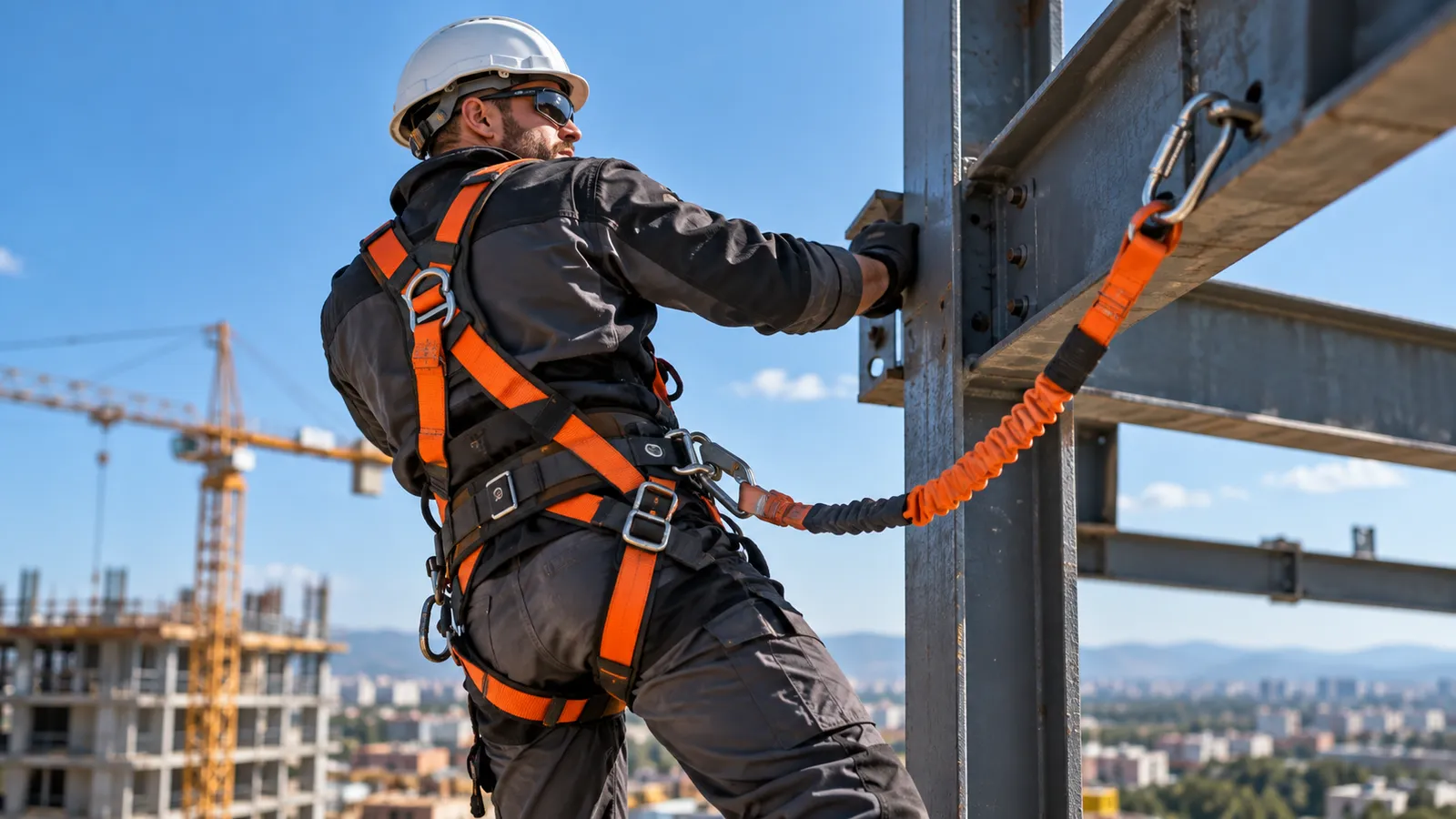 Montator de structuri metalice cu cască albă și ham de siguranță portocaliu, prins cu lonjă cu absorbitor de o grindă metalică la înălțime, pe un șantier