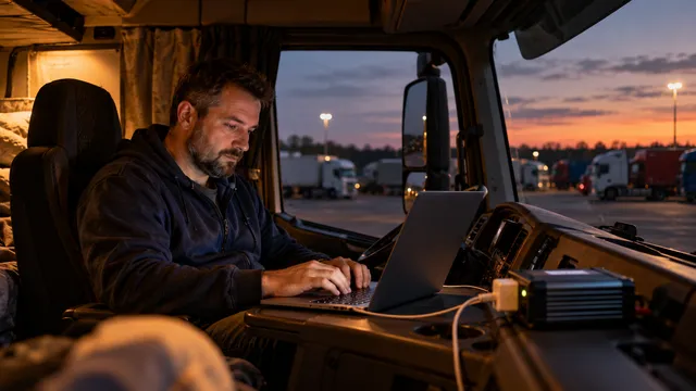 Șofer de TIR în cabina camionului parcat seara, lucrând pe un laptop alimentat de la un invertor auto conectat la priza de 12 V