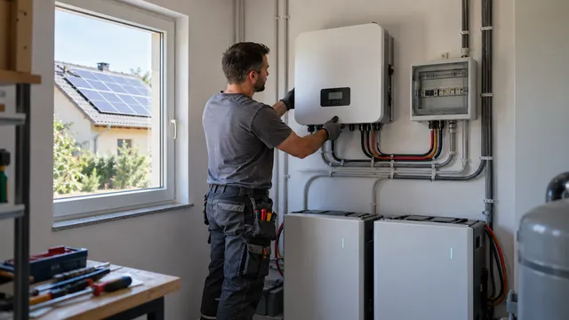 Electrician care montează un invertor solar alb pe peretele unei camere tehnice, cu baterii de stocare pe podea