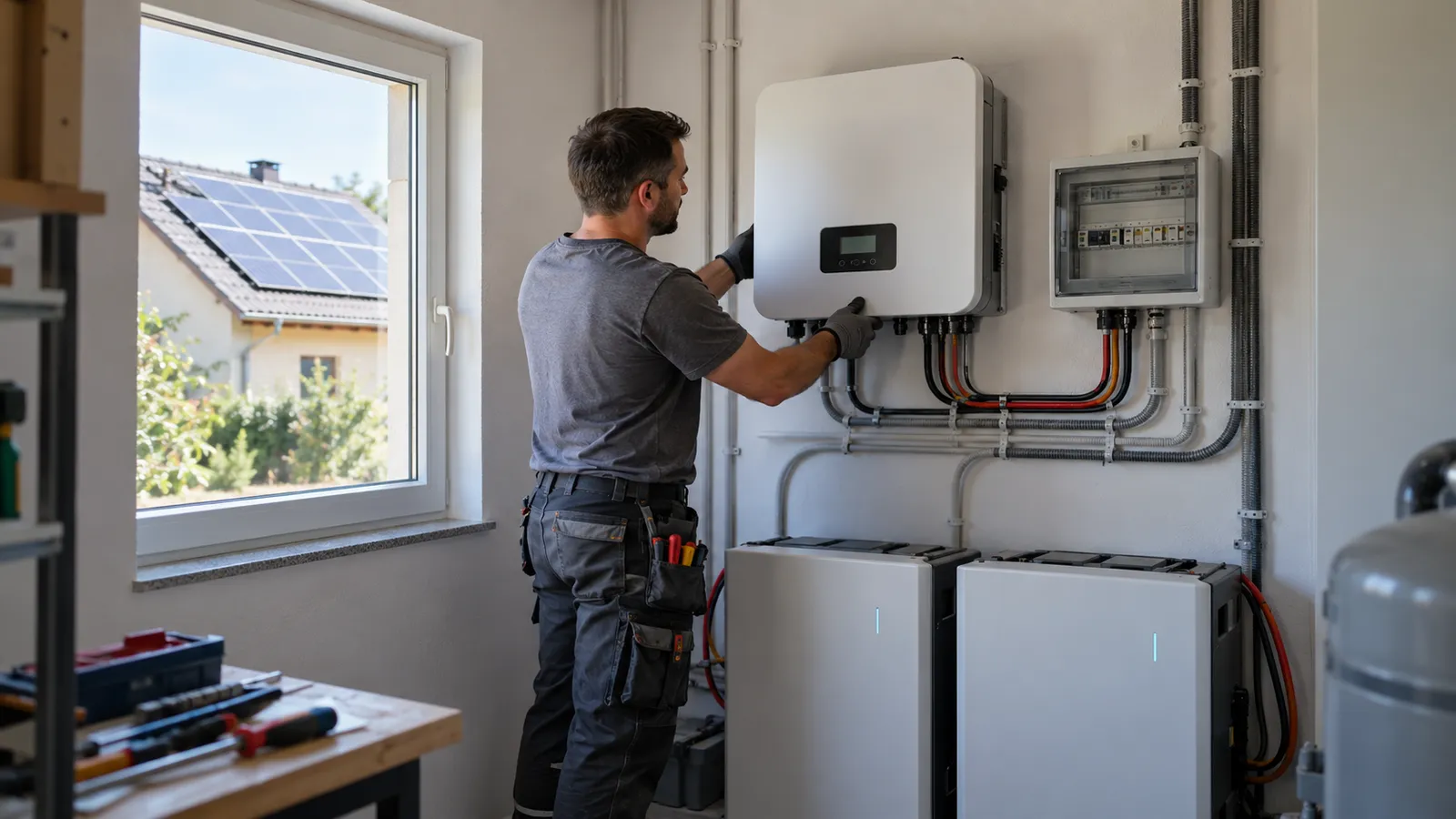 Electrician care montează un invertor solar alb pe peretele unei camere tehnice, cu baterii de stocare pe podea