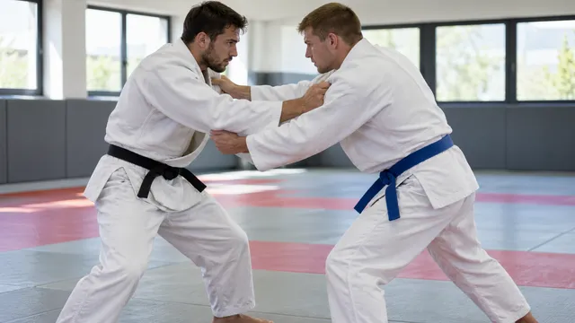 Doi sportivi adulți în kimono alb de judo se prind de rever la antrenament pe tatami