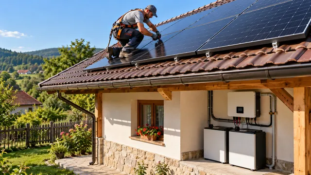Instalator care montează panouri fotovoltaice negre pe acoperișul unei case la țară