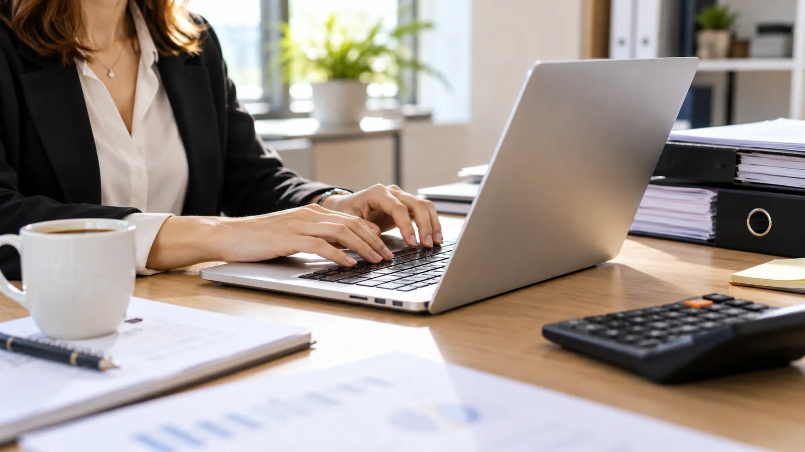 O contabilă lucrează la un laptop subțire argintiu pe un birou, lângă dosare și un calculator de birou