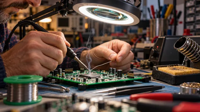 Mâinile unui electronist care lipește o componentă pe o placă electronică verde cu un letcon cu vârf fin și un fir de fludor
