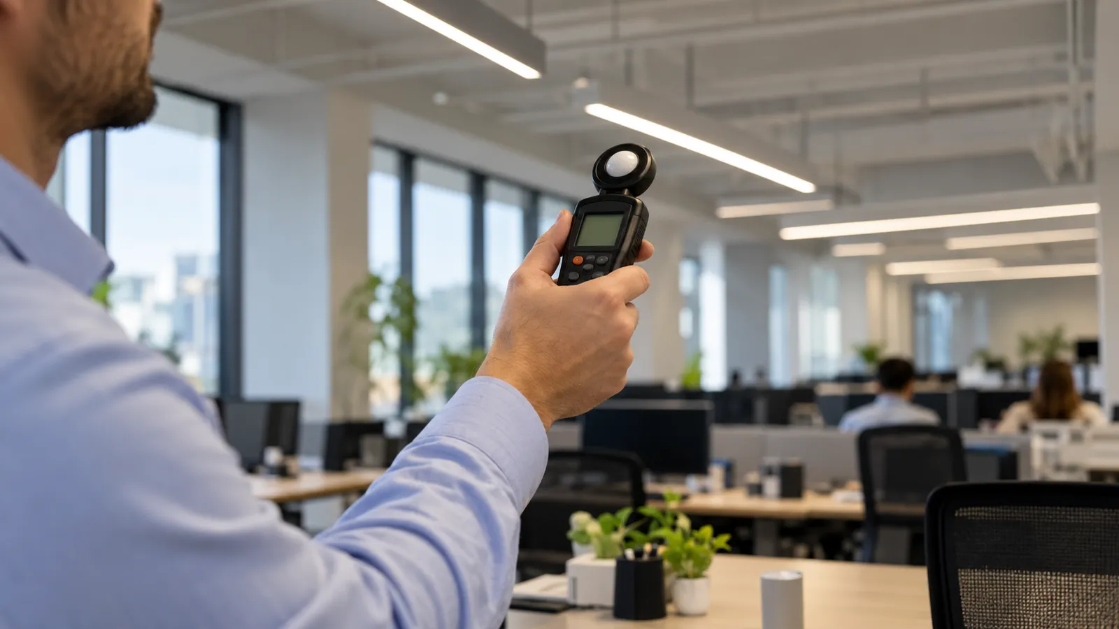Proiectant care măsoară lumina cu un luxmetru digital ținut cu senzorul în sus, sub corpurile de iluminat ale unui birou modern