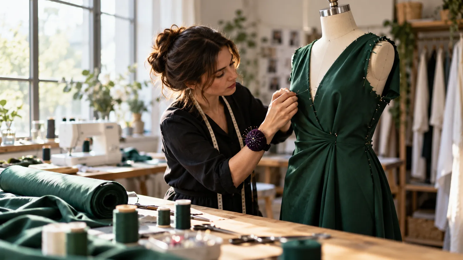 Croitoreasă care prinde cu ace o rochie neterminată pe un manechin de croitorie reglabil, într-un atelier cu mașină de cusut