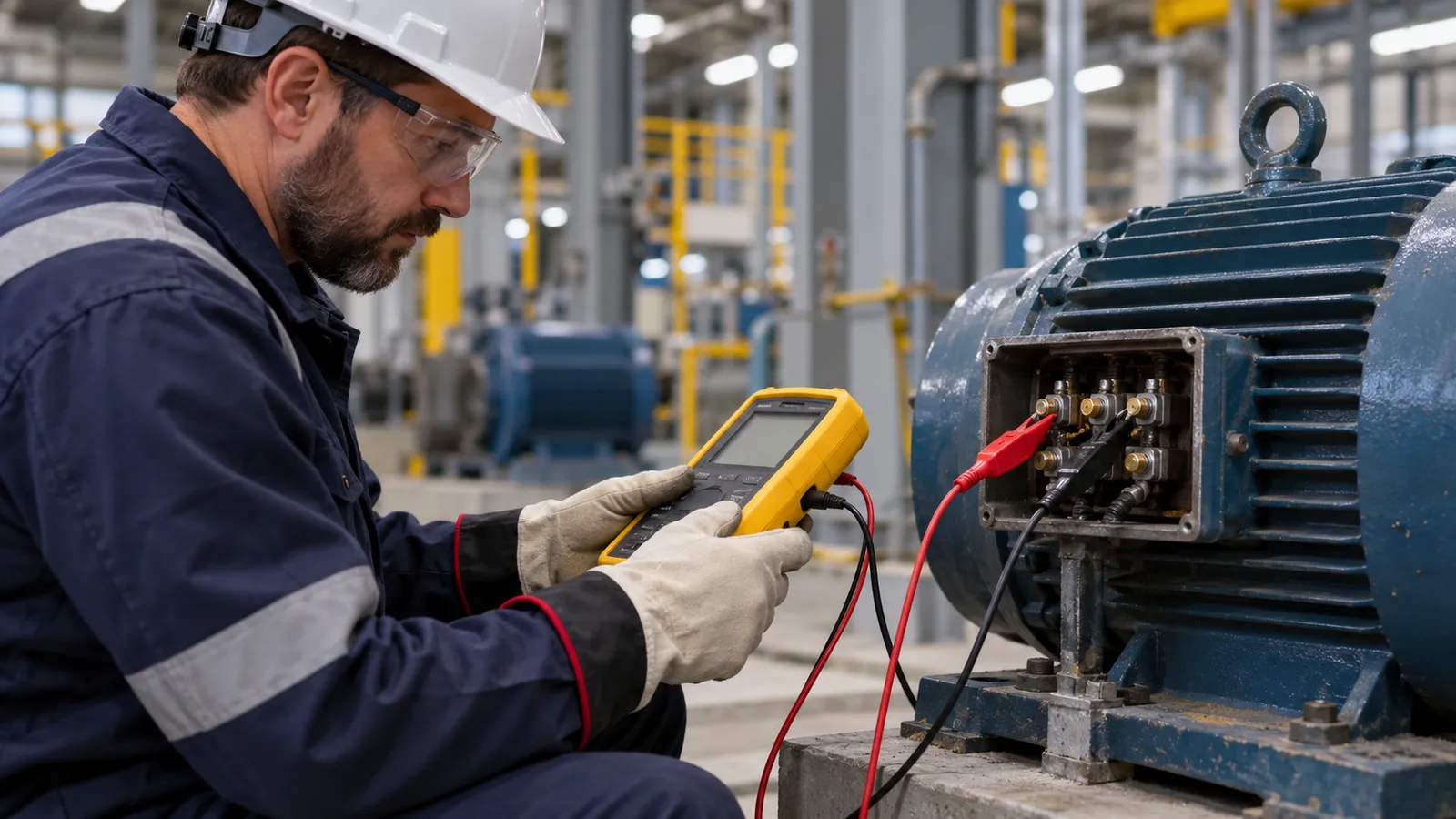 Un electrician cu mănuși izolante măsoară rezistența de izolație a unui motor electric industrial cu un megohmetru portabil, cu cleștii de test prinși la borne