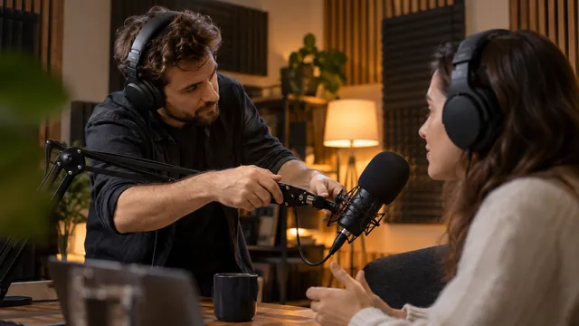 Operator de sunet cu căști care reglează un microfon de studio pe braț articulat, într-un mic studio de podcast