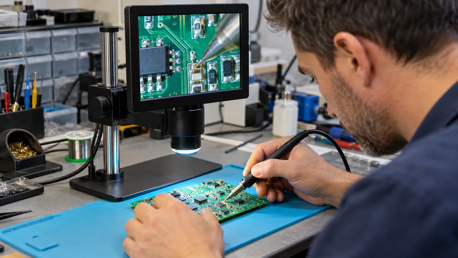 Tehnician care lipește componente pe o placă electronică, urmărind imaginea mărită pe ecranul unui microscop digital pus pe banc