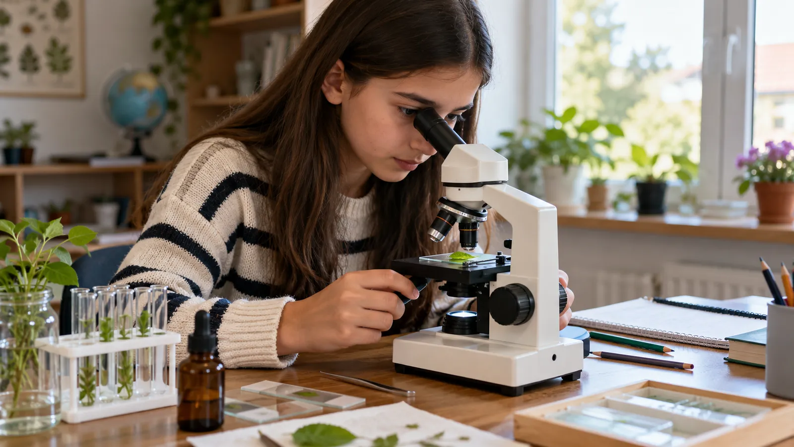 Elevă care privește printr-un microscop optic o lamelă cu o frunză, pe o masă cu caiete și preparate, în lumina ferestrei