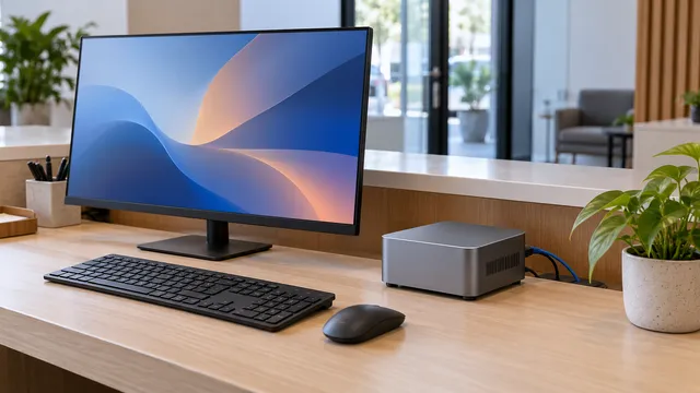 Mini PC mic, gri metalic, pe biroul unei recepții, lângă un monitor, o tastatură, un mouse wireless și o plantă