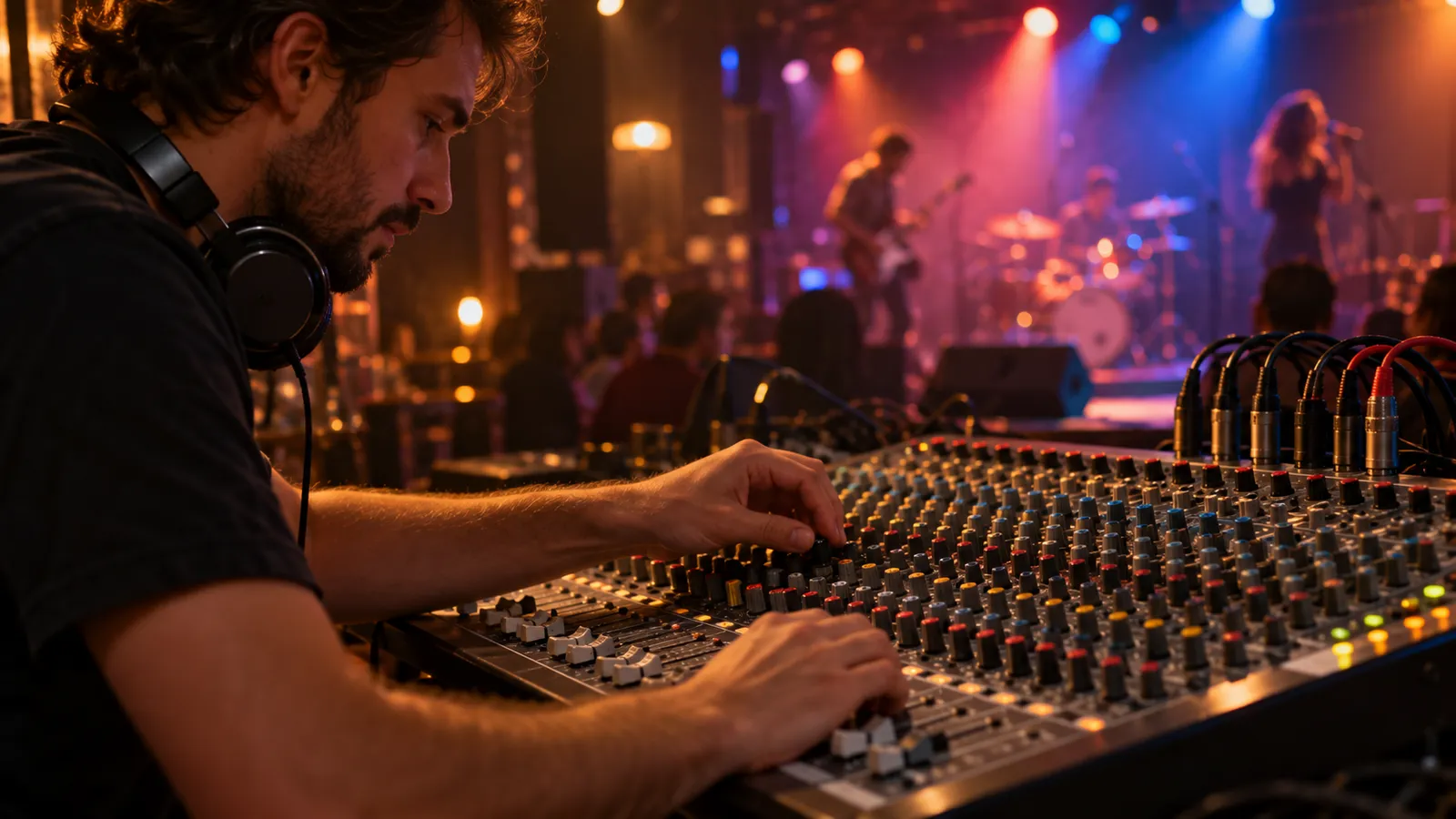Operator de sunet care reglează potențiometrele unui mixer audio analogic la o scenă mică
