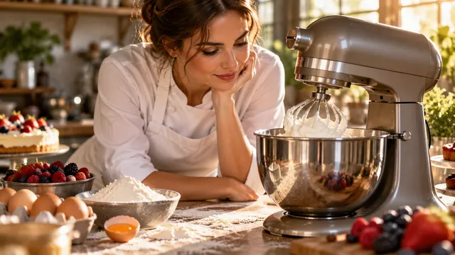 Cofetară în șorț alb care urmărește un mixer planetar cu bol mare de inox bătând o cremă albă cu telul, pe un blat de cofetărie
