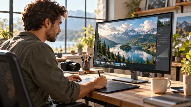 Grafician care editează o fotografie de peisaj pe un monitor 4K de 27 de inch, într-un studio luminos