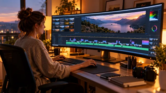Editor video care montează un film pe un monitor ultrawide curbat, cu linia de timp întinsă pe toată lățimea ecranului, într-un birou