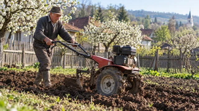Fermier în vârstă care ară o grădină de legume cu un motocultor pe benzină cu roți de cauciuc și plug, primăvara, într-un sat